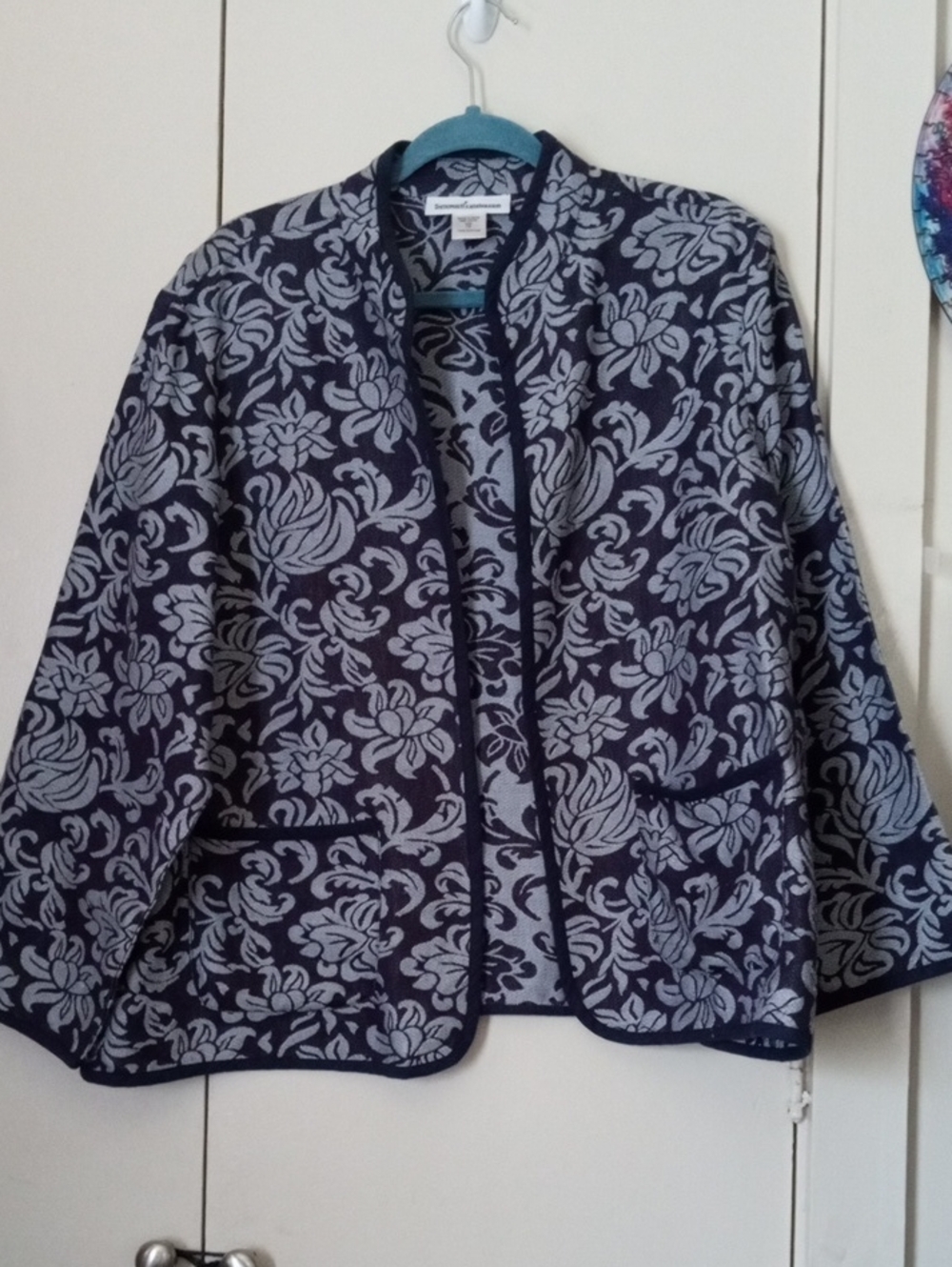 Serengeti Floral Jacquard Knit Open Front Topper Jacket Cotton Blue 1X